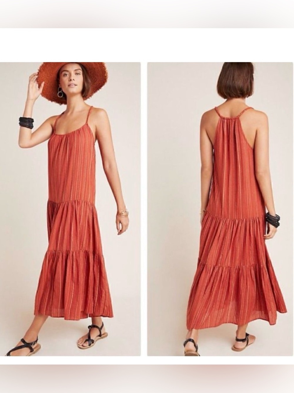 Frye x Anthropology Alyssa Tiered Maxi Dress Small Rust Orange Boho Maxi